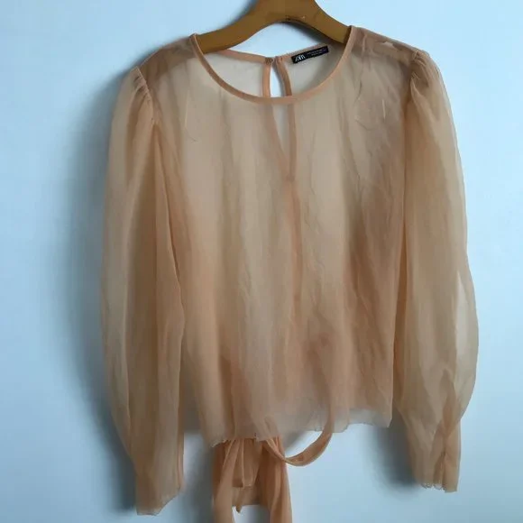 Zara Nude Sheer Long Sleeve Belted Blouse - Picture 1 of 13